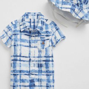 VGUC GAPKids Blue Water Color Plaid Button Down Shortall & Matching Bucket Hat